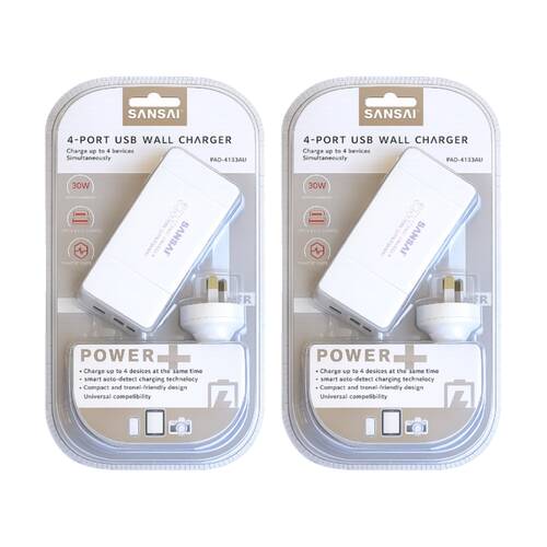 2PK Sansai 4-Port USB A & C Charging Station 30W Total Output 1.5m Side Insert