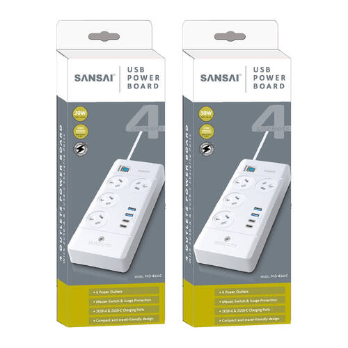 2PK Sansai 4 Outlet Powerboard With USB-A and C Ports 30W USB Output 1m Cord