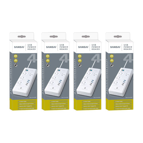 4PK Sansai 4 Outlet Powerboard With USB-A and C Ports 30W USB Output 1m Cord