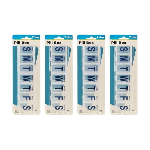 4PK Braz 7 Day Weekly Organiser Pill Box W/ Labelled Compartments Clear