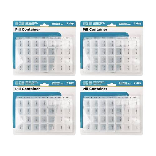 4PK Braz 7 Day & 4 Section Organiser Pill Box Set W/ Labelled Compartments Clear