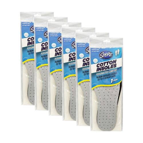6PK Stepz Personalised Comfort Cotton Insoles Pair Up to Size 11 Men's Shoes