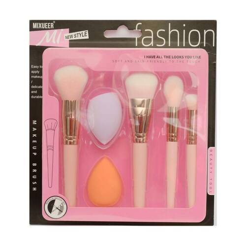 6pc Braz Makeup Brush & Sponge Set W/ Soft Fluffy Bristles Pink/White