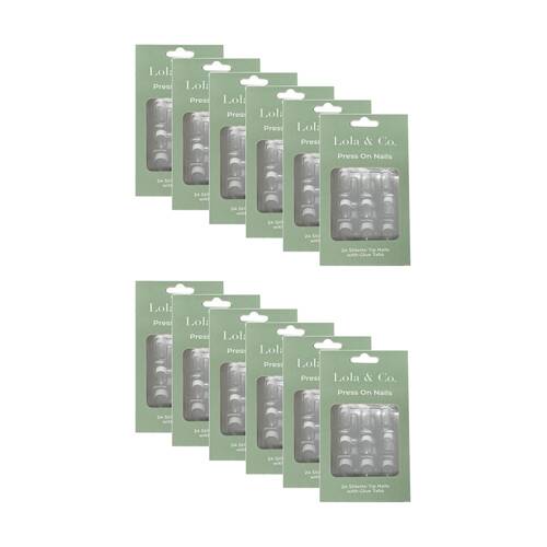 12x 24pc Lola & Co Plain Stiletto Tip Press-On Nails W/ Glue Tabs Clear/White