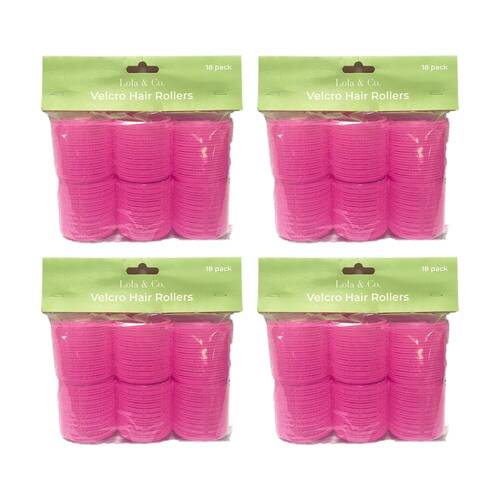 4x 18pc Lola & Co Hook & Loop Easy Attachment Hair Rollers Curlers Set Pink