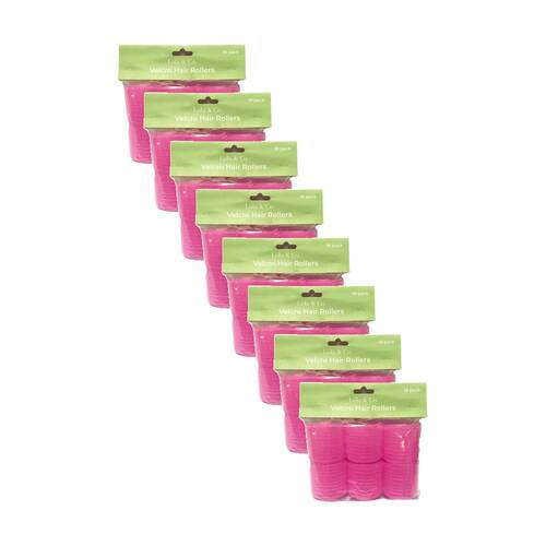 8x 18pc Lola & Co Hook & Loop Easy Attachment Hair Rollers Curlers Set Pink