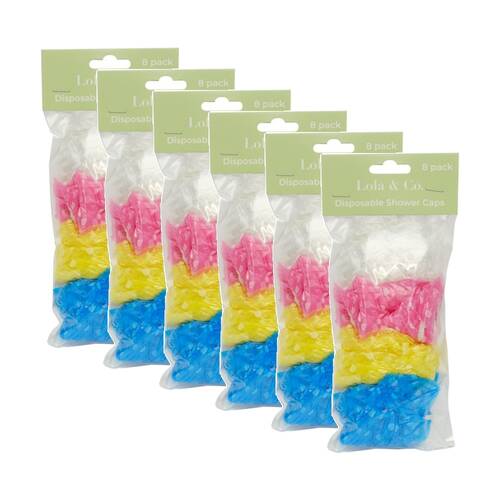 6x 8pc Lola & Co Disposable Shower Cap Set Multi Coloured Assorted