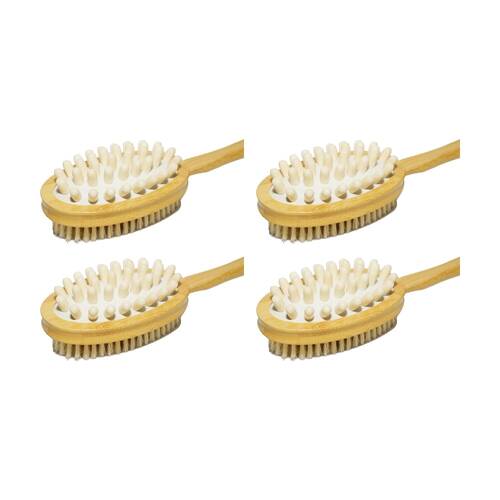 4PK Braz Exfoliating Massage Bath Body Brush W/ Long Wooden Handle Natural