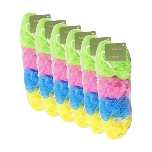 6x 4pc Lola & Co Multicolour Exfoliating Bath Shower Sponge Loofah Set Assorted