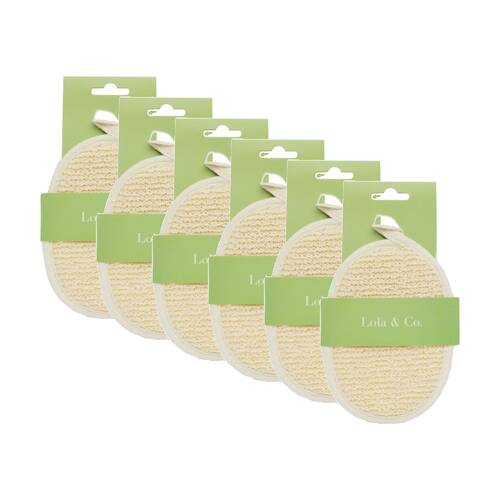 6PK Lola & Co Exfoliating Bath Shower Loofah Scrubbing Pad W/ Hanging Loop White