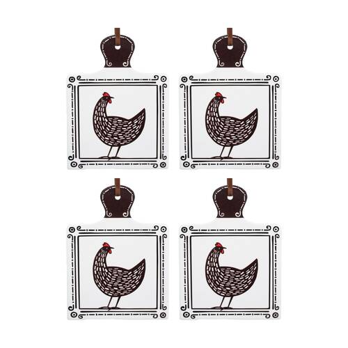 4PK LVD Black/White Chicken Square Ceramic/Cork Trivet Home Decor 20.5x15cm