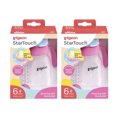 2x 2pc Pigeon StarTouch Straw Cup With Gravity Ball 6M+ 250ml Bubblegum Pop