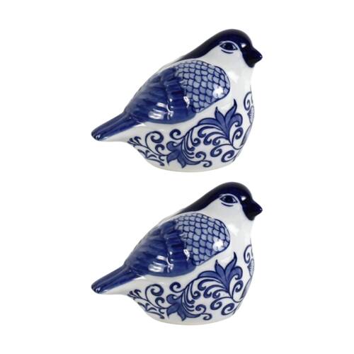 2PK Bronrob Ceramic Blue/White Floral Print Garden Songbird Farmhouse Decor 14cm