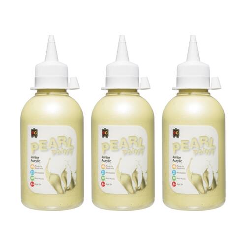 3PK Educational Colours Pearl Junior Student Acrylic Paint Yellow 250ml 3y+