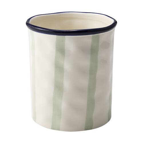 Porto Sable Kitchen Utensil Holder White & Sage Green Stripe 16.5x15cm