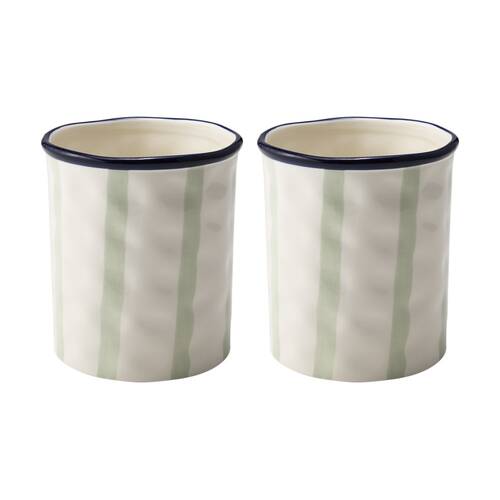 2PK Porto Sable Kitchen Utensil Holder White & Sage Green Stripe 16.5x15cm