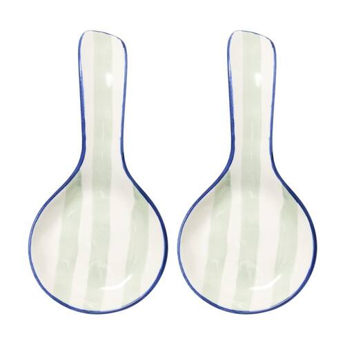 2PK Porto Sable Kitchen Spoon/Utensil Rest White & Sage Green Stripe 22.5x11cm