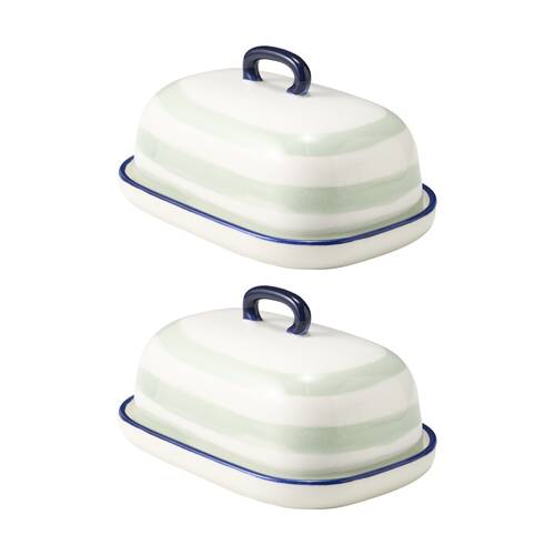 2PK Porto Sable Kitchen Butter Dish White & Sage Green Stripe 18x12.5x10cm
