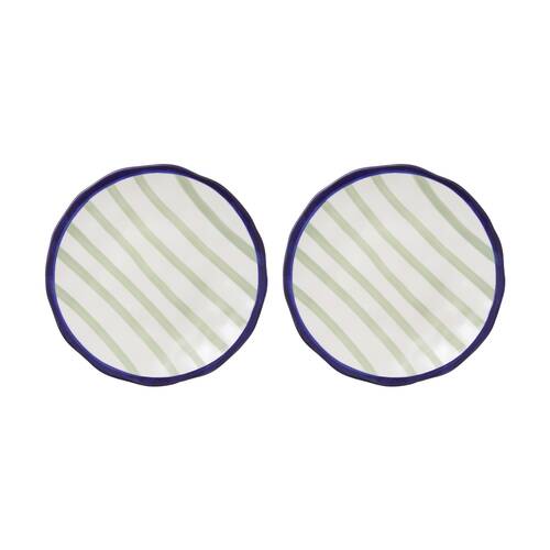 2PK Porto Sable Kitchen Round Platter White & Sage Green Stripe 35cm