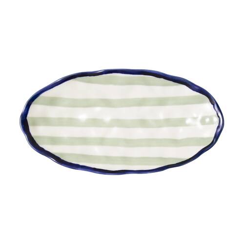Porto Sable Kitchen Oval Platter White & Sage Green Stripe 31cm