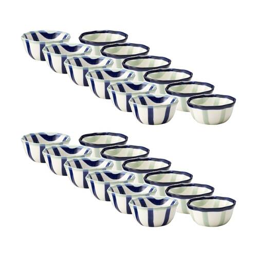 12x 2pc Porto Sable Kitchen Dip Bowls White/Navy/Sage Green Stripe 10cm
