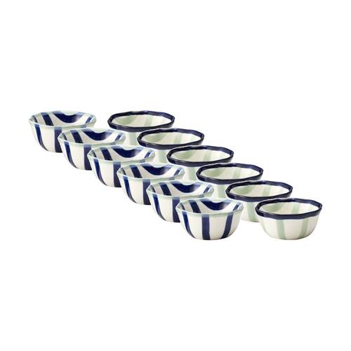 6x 2pc Porto Sable Kitchen Dip Bowls White/Navy/Sage Green Stripe 10cm