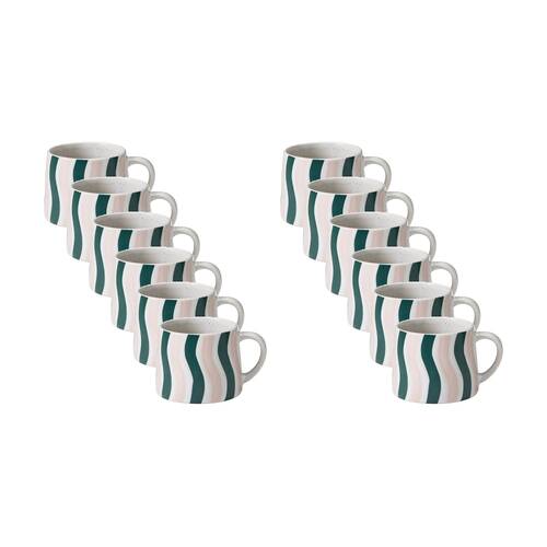 12PK Porto Carnevale Stoneware Coffee Mug Green/Pink Wave Stripe 320ml