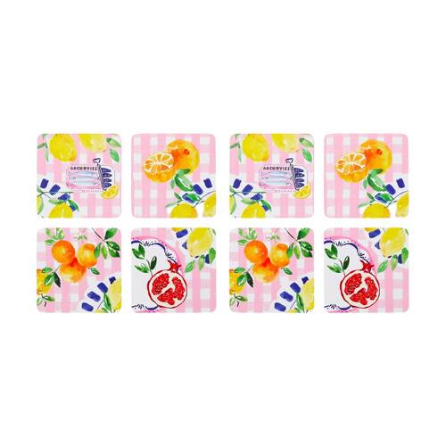 2x 4pc Porto Positano Inspired/Pink Check W/ Lemons Coasters 10cm