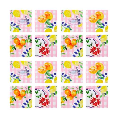 4x 4pc Porto Positano Inspired/Pink Check W/ Lemons Coasters 10cm