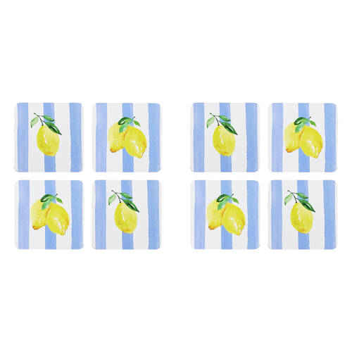 2x 4pc Porto Limone Lemon W/ White & Blue Stripe Coasters 10cm