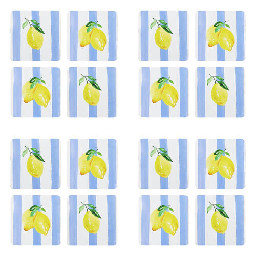 4x 4pc Porto Limone Lemon W/ White & Blue Stripe Coasters 10cm