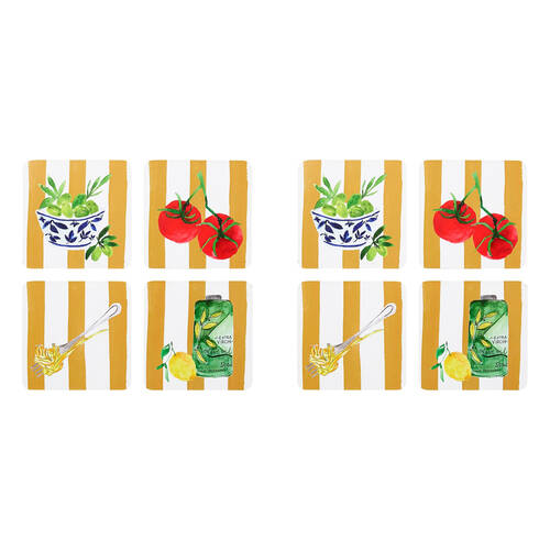2x 4pc Porto Beige Stripe & Florence Food Rectangle Coasters 10cm