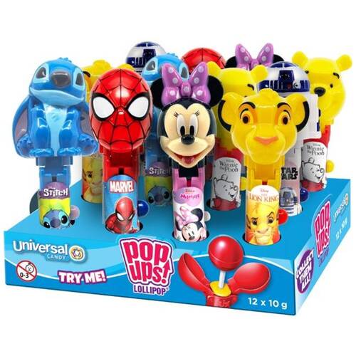 12PK Universal Candy Disney Character Pop Ups Lollipops 10g Assorted