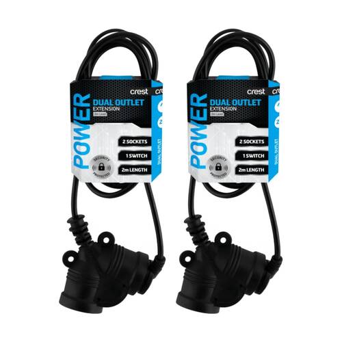 2PK Crest 2 Socket Master Control Switch Dual Outlet AU/NZ Plug Black 2m