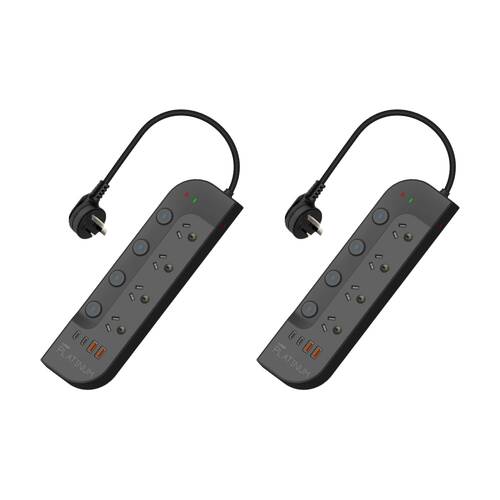 2PK Crest Platinum 4 Socket Surge Protector AU/NZ Plug USB Power Board Blk 1.8m