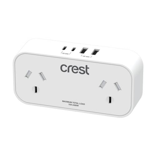 Crest Double Power Adaptor 2 Socket Surge Protector AU/NZ Plug USB-C/A Wh