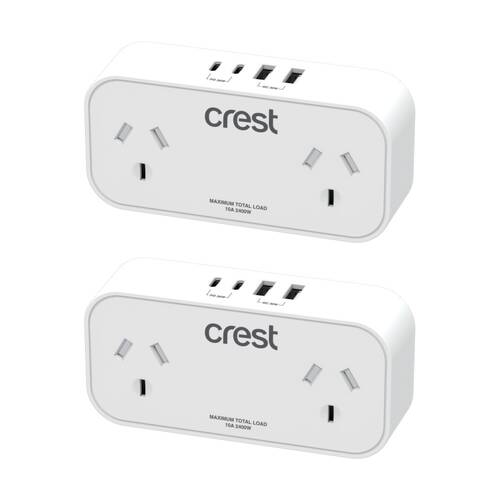 2PK Crest Double Power Adaptor 2 Socket Surge Protector AU/NZ Plug USB-C/A Wh