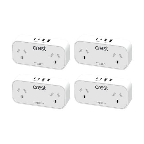 4PK Crest Double Power Adaptor 2 Socket Surge Protector AU/NZ Plug USB-C/A Wh
