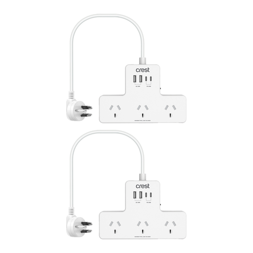 2PK Crest 3 Socket Power Hub Surge Protector AU/NZ Plug USB-C USB-A White 90cm