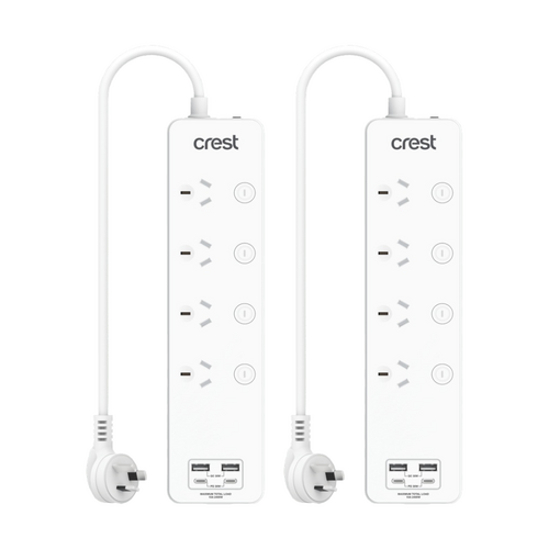 2PK Crest 4-Socket Switch Surge Protector AU/NZ Plug Power Board USB Ports Wh 1m