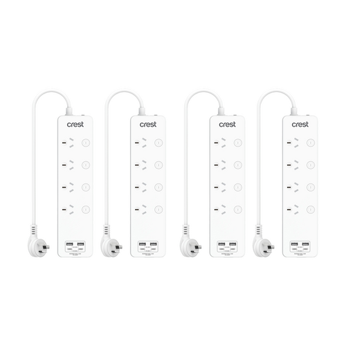 4PK Crest 4-Socket Switch Surge Protector AU/NZ Plug Power Board USB Ports Wh 1m