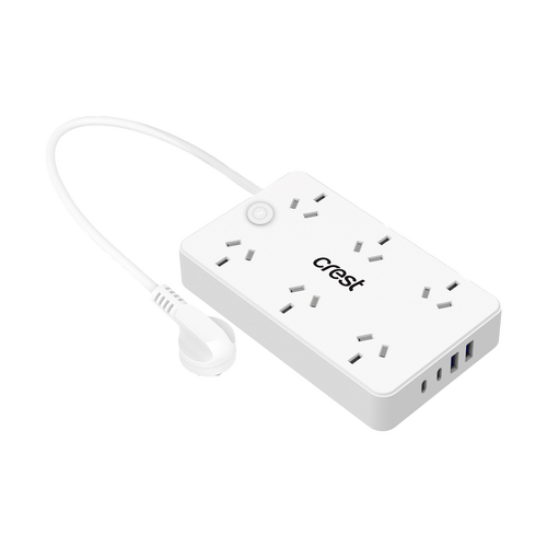 Crest 6 Socket 1 Switch Surge Protection Power Hub AU/NZ Plug USB Port Wh 1m