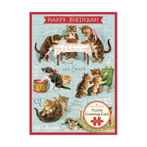 Cavallini Greeting Card Design 60pc Puzzle Vintage Cats Play Birthday