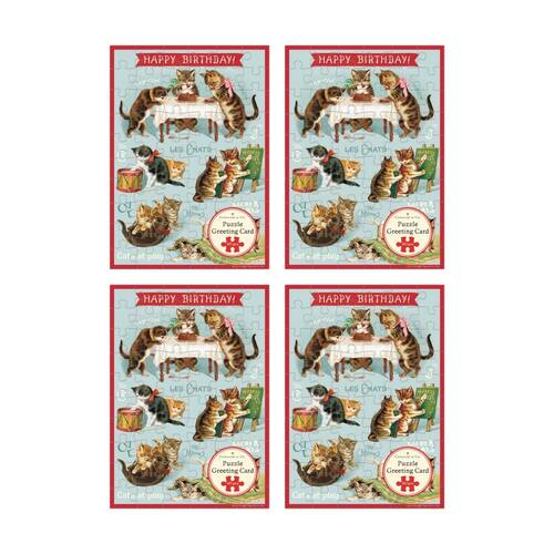 4x Cavallini Greeting Card Design 60pc Puzzle Vintage Cats Play Birthday
