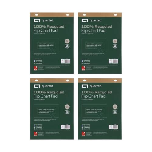4x Quartet Flipchart Pad 20 Sheets Recycled Paper 600x850mm White
