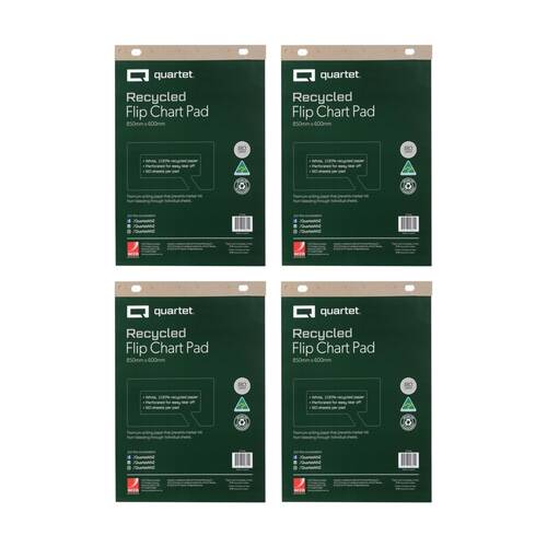 4x Quartet Flipchart Pad 50 Sheets Recycled Paper 600x850mm White