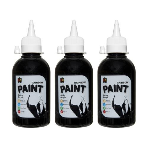 3PK Educational Colours Rainbow Junior Acrylic Paint Black 250ml 3y+
