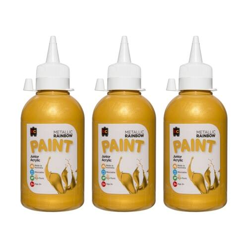 3PK Educational Colours Metallic Rainbow Junior Acrylic Paint Gold 250ml 3y+