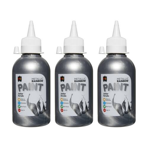 3PK Educational Colours Metallic Rainbow Junior Acrylic Paint Silver 250ml 3y+