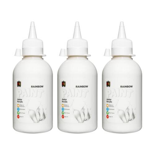 3PK Educational Colours Rainbow Junior Acrylic Paint White 250ml 3y+
